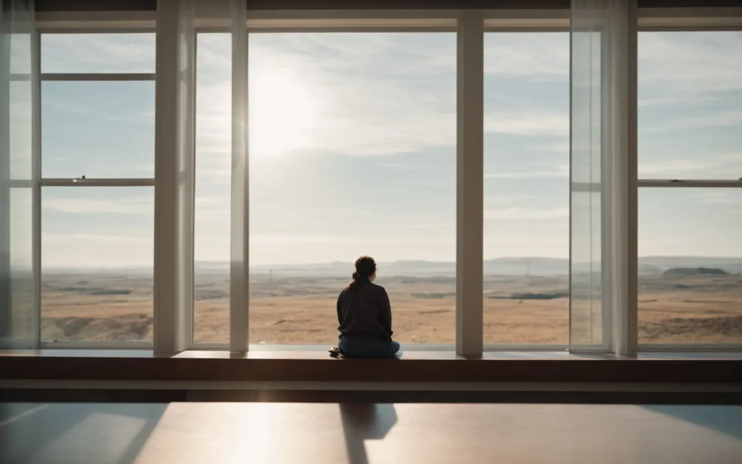 a person sits thoughtfully in front of a bright window with a clear sky outside, symbolizing contemplation and future planning.